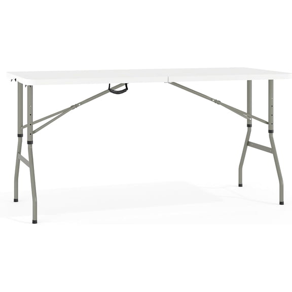 EMMA + OLIVER 5-Foot Height Adjustable Bi-Fold Granite White Plastic Folding Table with Handle