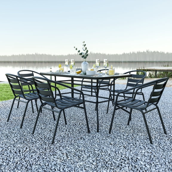 Emma + Oliver 7 Piece Patio Table & Chairs Set with 31.5"x55" Rectangular Metal Table with Tempered Glass Top and 6 Black Aluminum Stacking Chairs