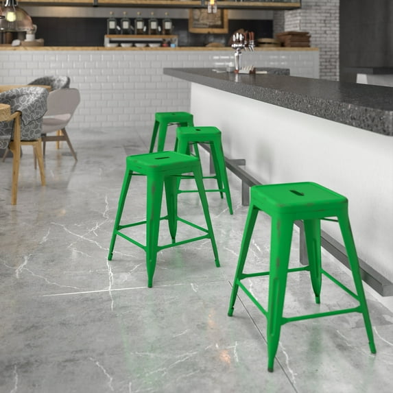 Emma + Oliver Commercial Grade 24"H Backless Distressed Green Metal Indoor-Outdoor Stool