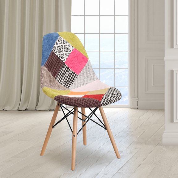 EMMA + OLIVER Contemporary Metal Foam Polyester Fabric Wood Milan Patchwork Side Chair with Wooden Legs
