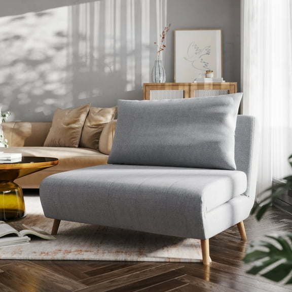 Emma + Oliver Adjustable Tri-Fold Sleeper Chair with Hideaway Legs and Pillow, Channel Stitched Fabric Upholstery in Light Gray