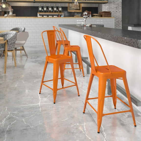 Emma + Oliver Commercial Grade 24"H Orange Metal Indoor-Outdoor Counter Height Stool w/ Back