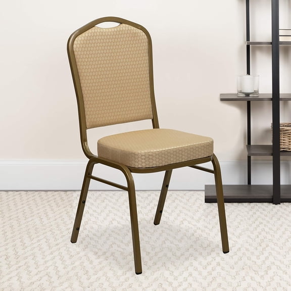 EMMA + OLIVER Crown Back Banquet Chair, Beige Patterned Fabric/Gold Frame