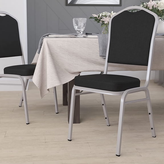 EMMA + OLIVER Crown Back Stacking Banquet Chair in Black Fabric - Silver Frame