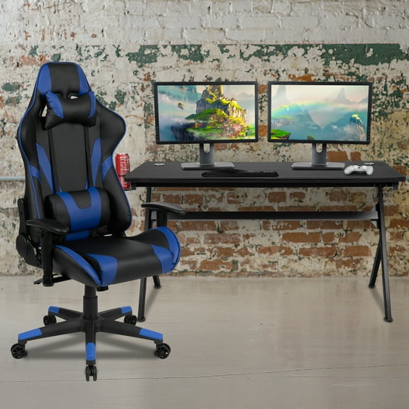 EMMA + OLIVER Gaming Chair and Desk Bundle with Headset Hook and Mouse Pad Top, Black/Blue