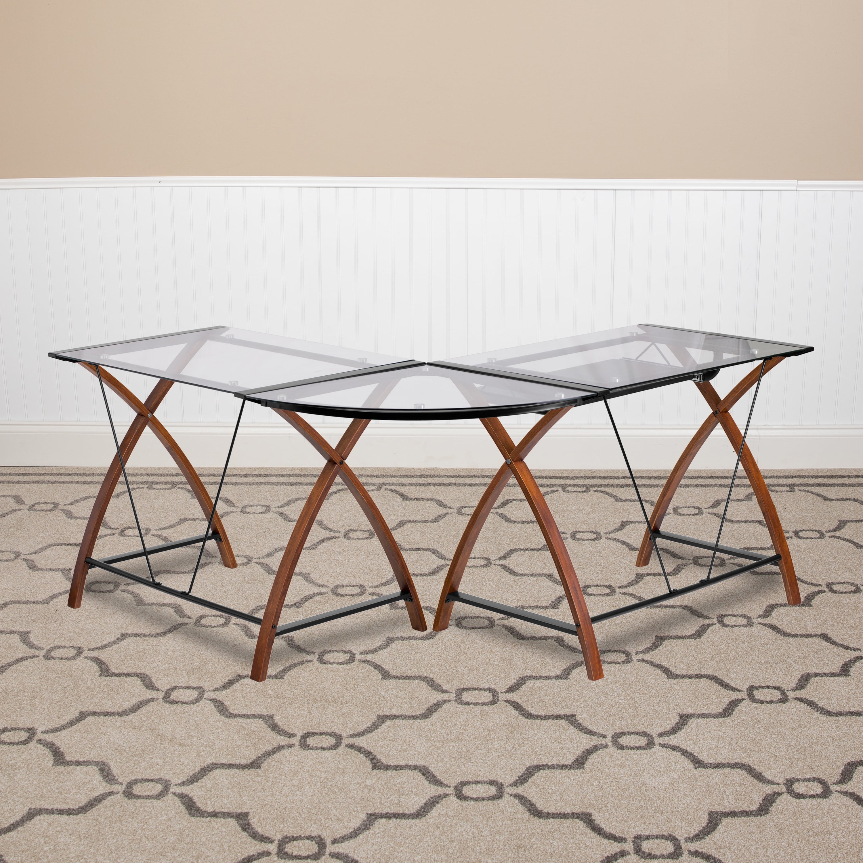 EMMA + OLIVER L-Shape Glass Desk with Pull-Out Keyboard Tray, Clear Cherry