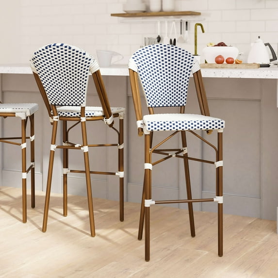 EMMA + OLIVER Patterned Seat High Stacking Bar Stool, Blue