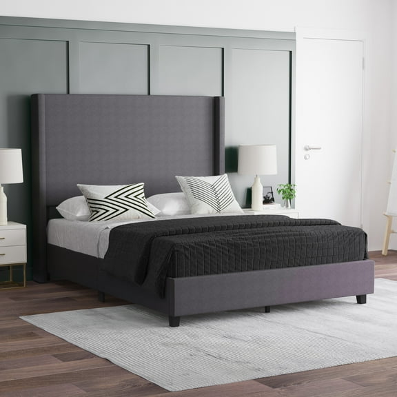 EMMA + OLIVER Queen Size Wingback Headboard Modern Platform Bed, Gray