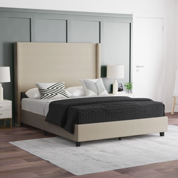 EMMA + OLIVER Queen Size Wingback Modern Platform Bed, Beige