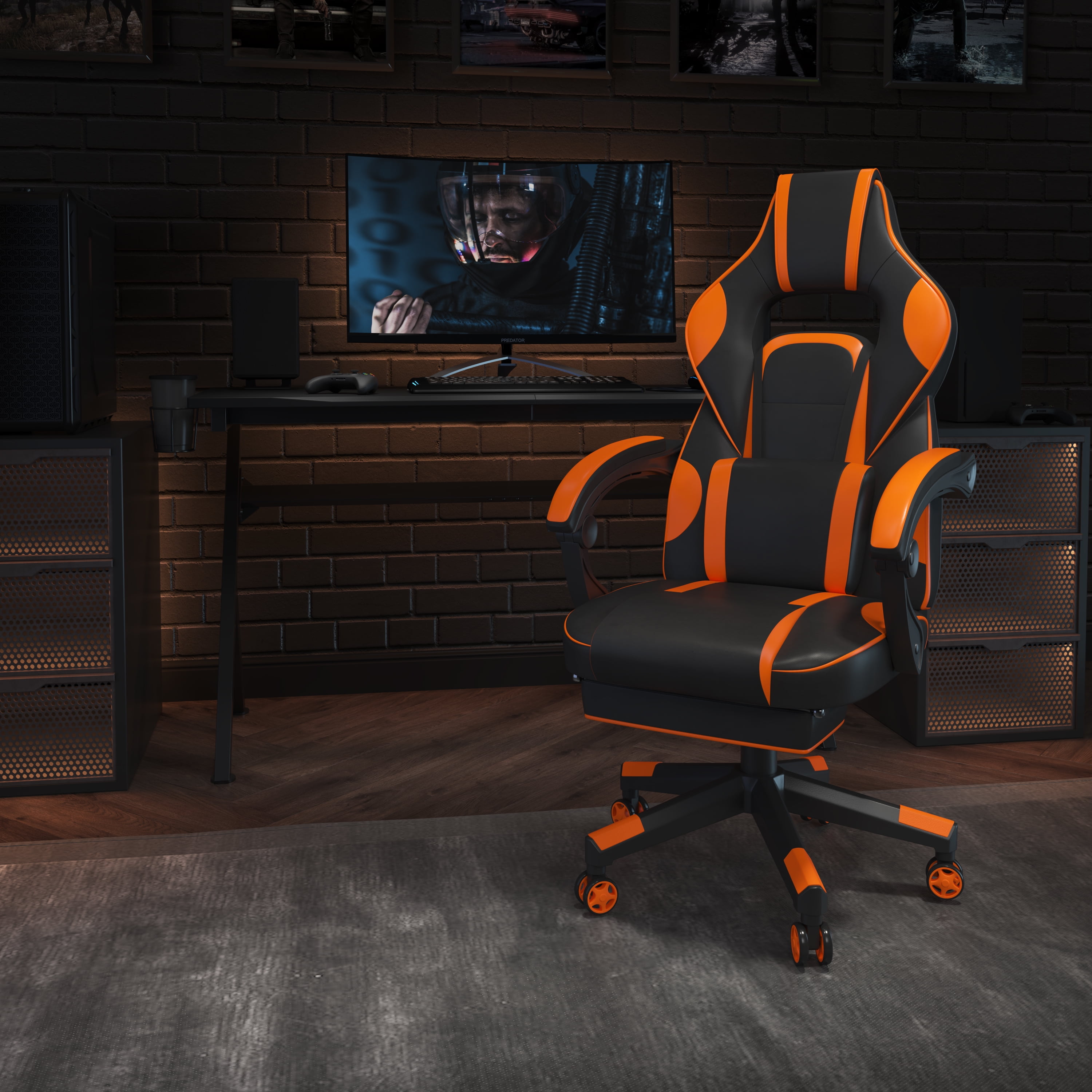 EMMA + OLIVER Reclining Back Leather PC Gaming Chair with Massaging Lumbar, Black Orange