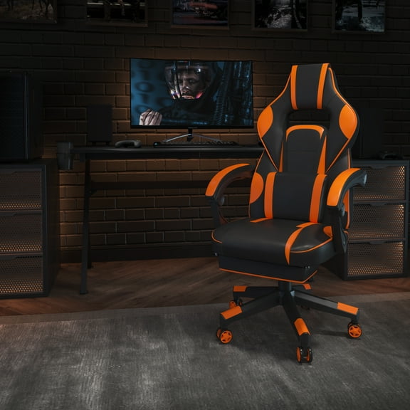 EMMA + OLIVER Reclining Back Leather PC Gaming Chair with Massaging Lumbar, Black Orange