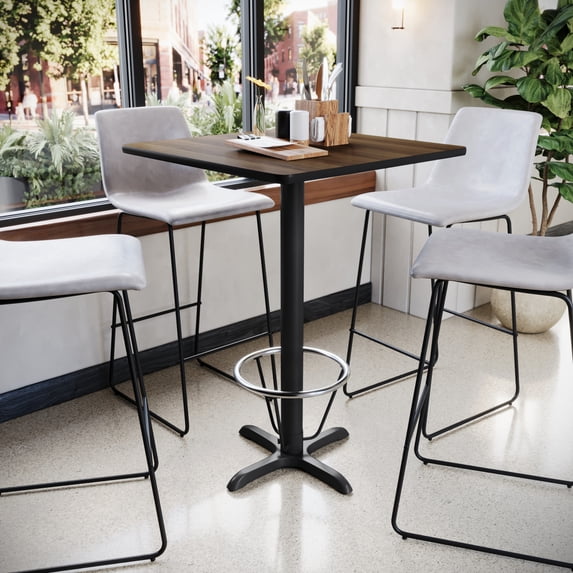 Emma + Oliver 30" Square Walnut Laminate Bar Table Top-22"x22" Base/Foot Ring