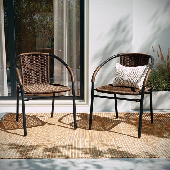 JessieMal Set of 2 Modern Rattan Indoor/Outdoor Stack Chairs, Stacking Rattan Patio Chairs with Curved Back and Cross Bracing, Brown