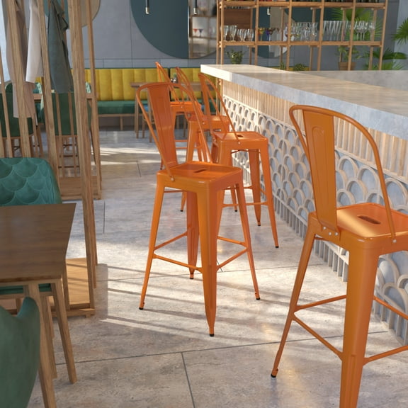 Emma + Oliver Commercial Grade 30"H Orange Metal Indoor-Outdoor Barstool with Back