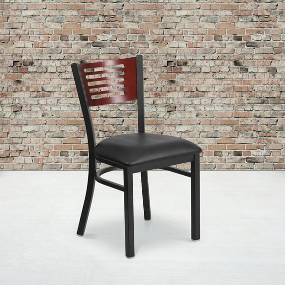 EMMA + OLIVER Slat Back Dining Chair Mahogany Wood Back Vinyl Seat Black Metal Frame