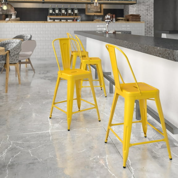 Emma + Oliver Commercial Grade 24"H Yellow Metal Indoor-Outdoor Counter Height Stool w/ Back