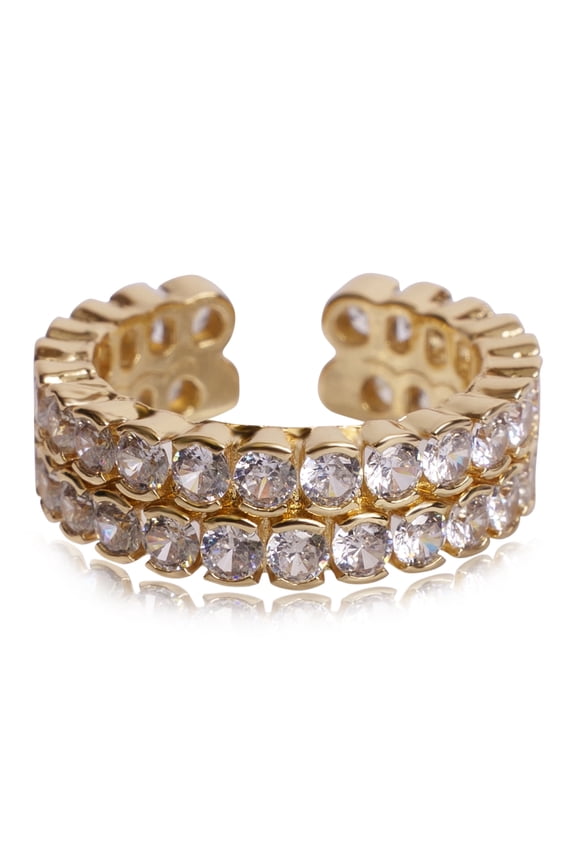 Emma Ring 18K Gold Plated Brass Cubic Zirconia Open Cuff Ring for Women – Adjustable Double Row Statement Ring
