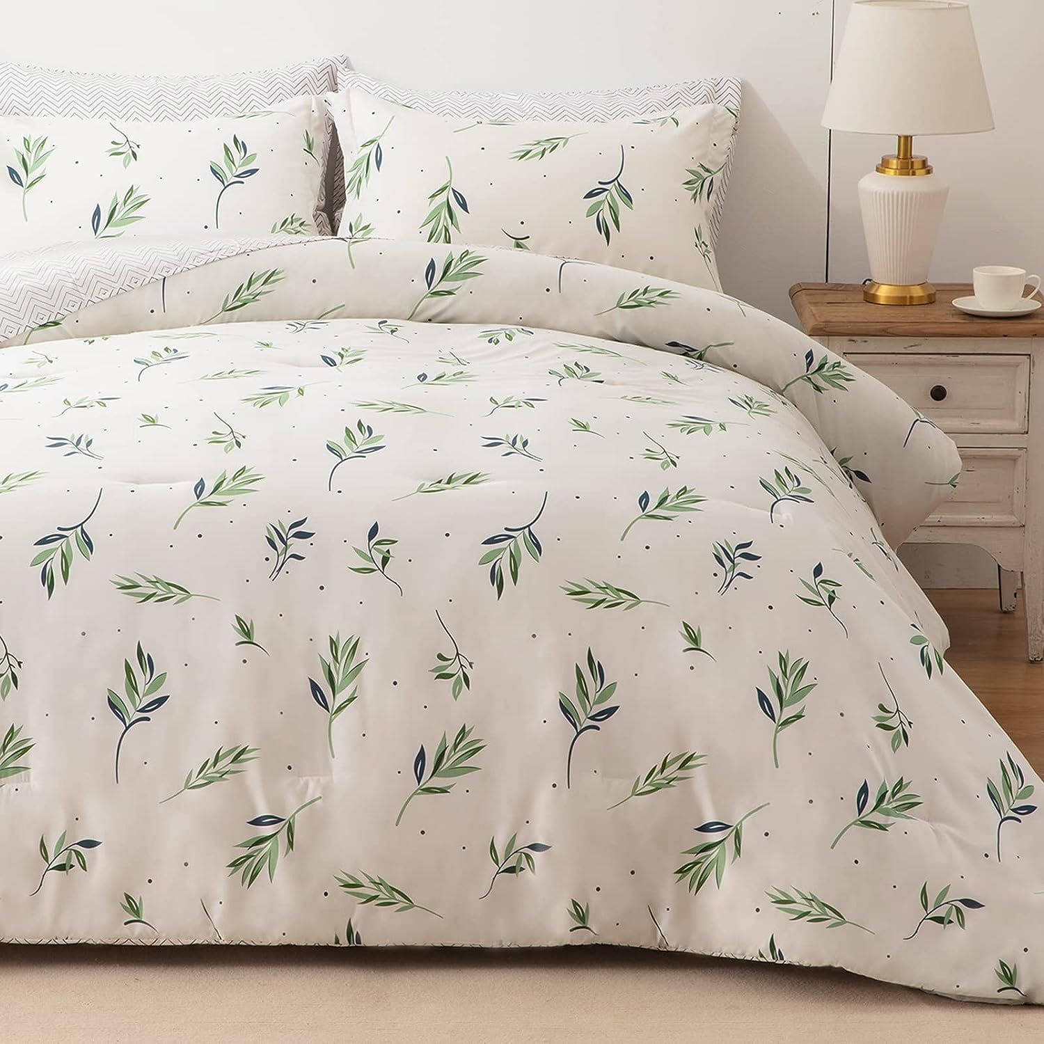 Emme Botanical Green Leaves Comforter Set With Sheets Queeen Size 7