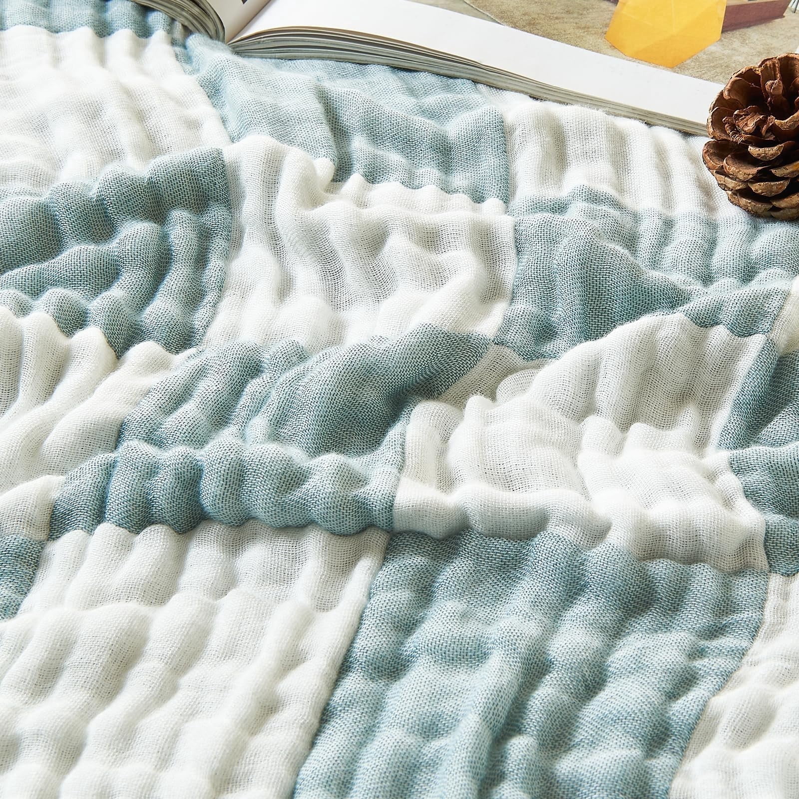 EMME Checkered Blanket Cotton Queen Size for Bed Soft 6 Layer Muslin Bed Blankets 80"x90" Lightweight Breathable Blanket All Season Gauze Blanket, Checkeredboard Green