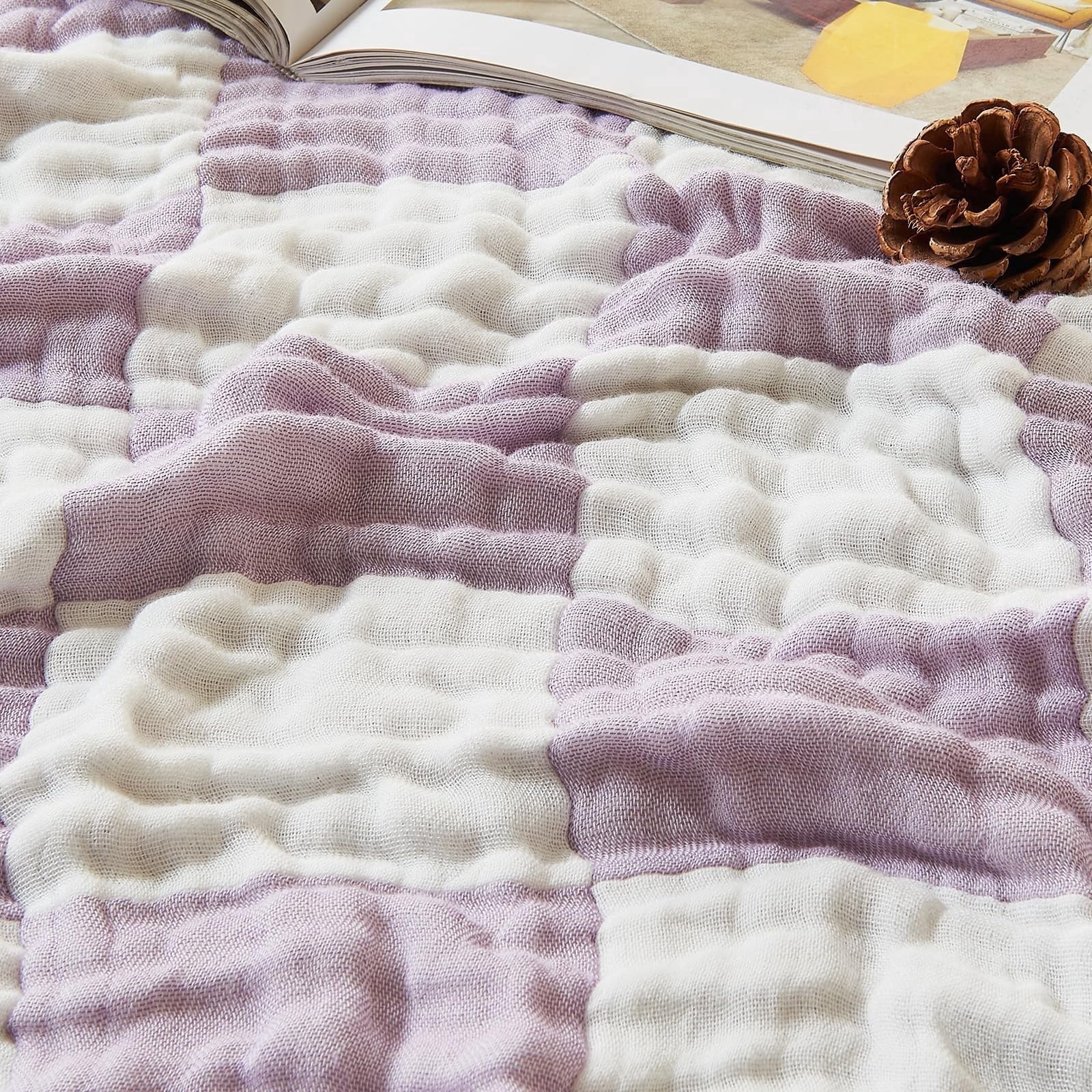 EMME Checkered Blanket Muslin Throw Cotton Bed Blankets for Adults 6 Layer 60"x80" Lightweight Soft Breathable All Season Gauze Blanket, Checkeredboard Purple