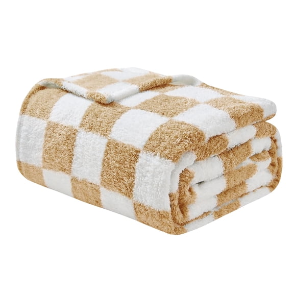 EMME Checkered Blanket Queen Size - 80"*90" Beige Soft Fluffy Warm Bed Blankets Bed, Camping, Picnic, Travel Lightweight Blanket