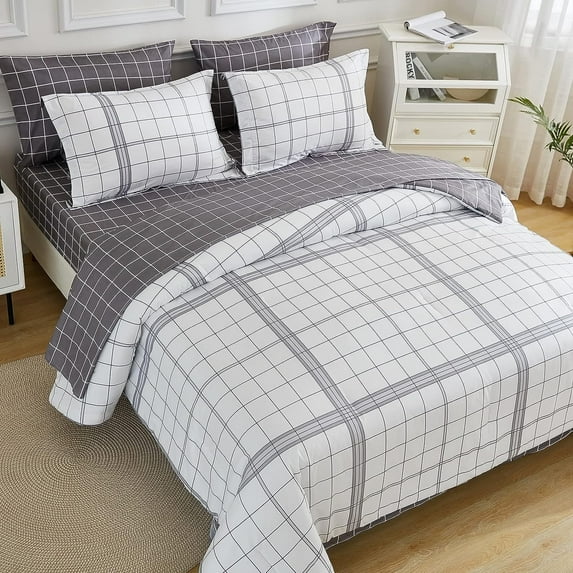 EMME Comforter Set Bed in A Bag 7 Piece, White Plaid Microfiber Bedding Comforter with Sheets, Ultra Soft Comfortable Bedding Set for All Season (White Plaid,Full/Queen)