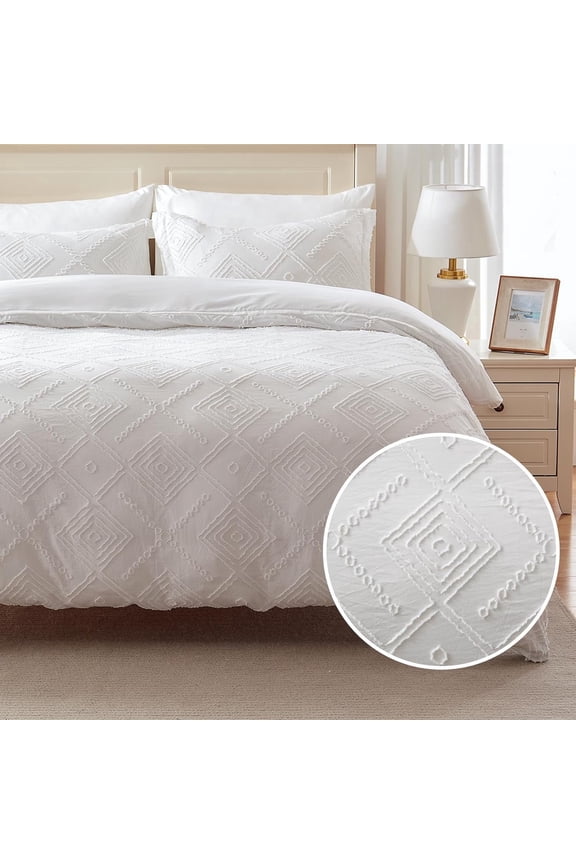 Duvet Cover Set Microfiber, Tufted Twin Duvet Cover Set, Boho Bedding Sets for All Seasons, 2 Pieces Embroidery Chic Duvet Cover Full, 1 Duvet Cover + 1 Pillowcase (White, Twin)