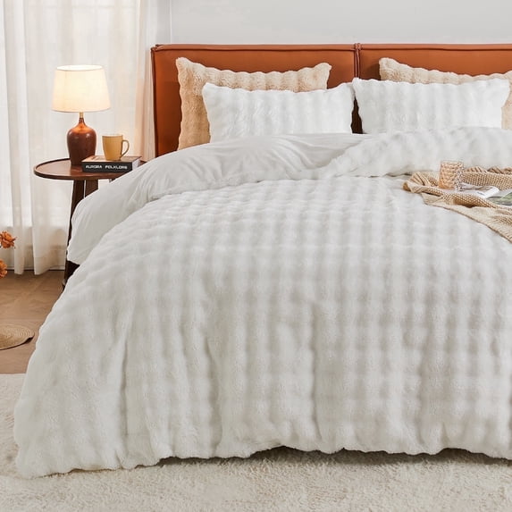 EMME Faux Fur Duvet Cover King Size, 3 Pieces Ultra Soft Fluffy Comforter Cover, Cozy Warm for Winter, Luxury Elegant Shaggy Bubble Design Bedding, 1 Duvet Cover & 1 Pillow Shams (King, White)