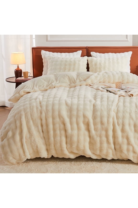 Faux Fur Duvet Cover King Size, 3 Pieces Ultra Soft Fluffy Comforter Cover, Cozy Warm for Winter, Luxury Elegant Shaggy Bubble Design Bedding, 1 Duvet Cover & 1 Pillow Shams (King, Cream White)