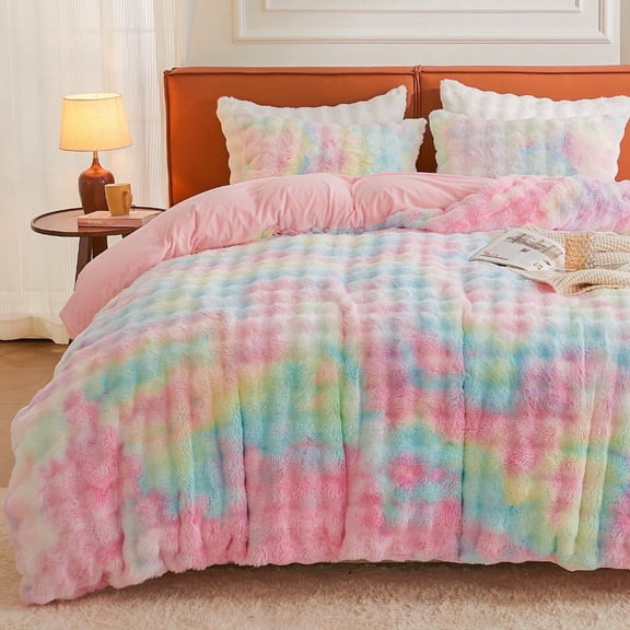 EMME Faux Fur Duvet Cover King Size, 3 Pieces Ultra Soft Fluffy Comforter Cover, Cozy Warm for Winter, Luxury Shaggy Bubble Design Bedding, 1 Duvet Cover & 1 Pillow Shams (King, Rainbow)