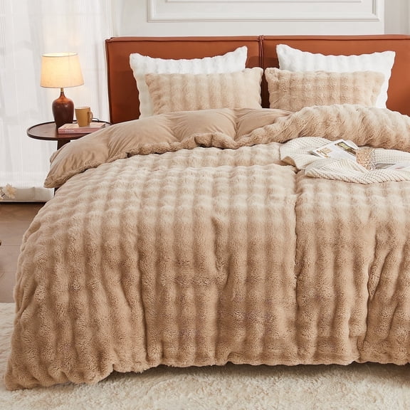 EMME Faux Fur Duvet Cover Queen Size, 3 Pieces Ultra Soft Fluffy Comforter Cover, Cozy Warm for Winter, Luxury Elegant Shaggy Bubble Bedding Sets , 1 Duvet Cover & 2 Pillow Shams (Queen, Camel)