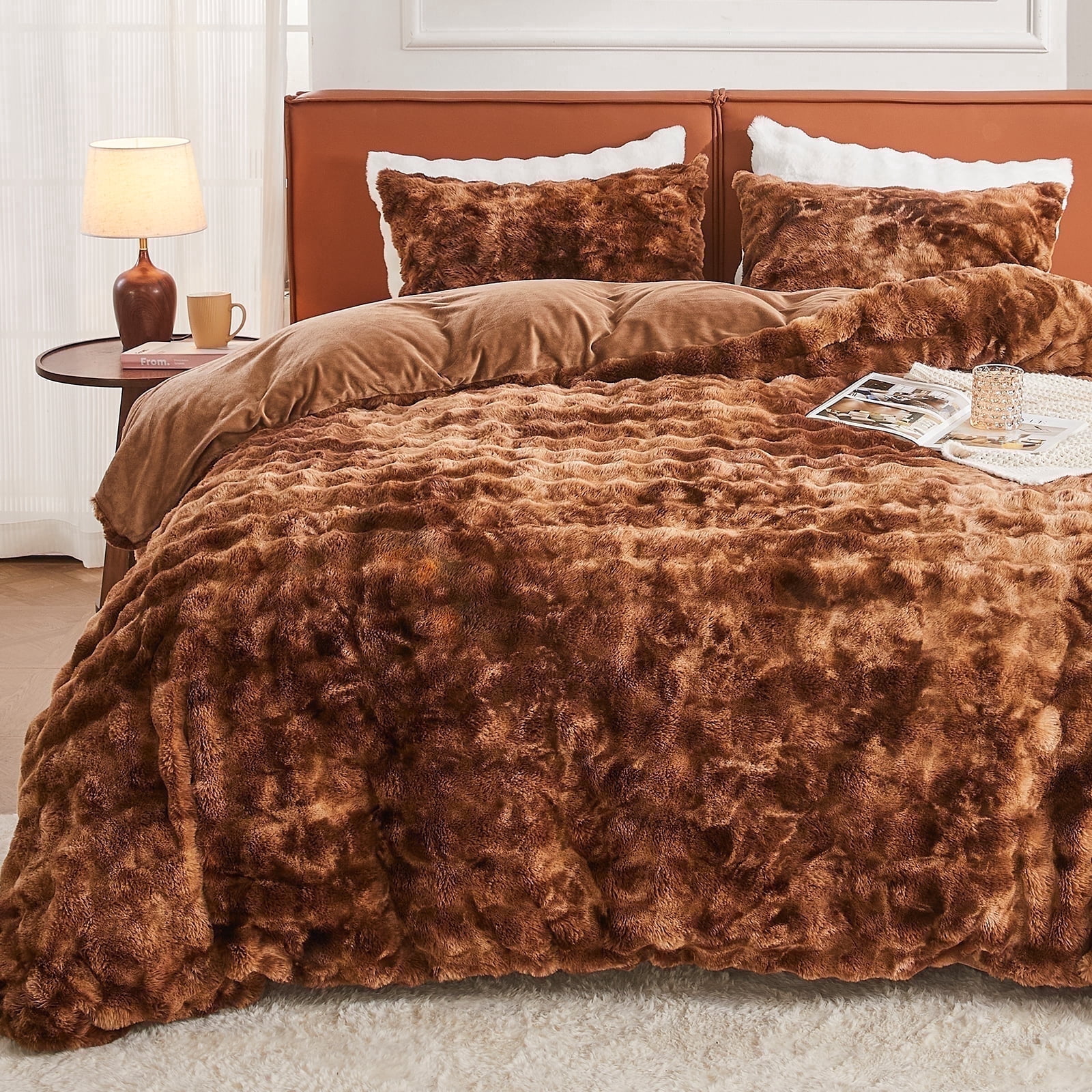 EMME Faux Fur Duvet Cover Queen Size, 3 Pieces Ultra Soft Fluffy Comforter Cover, Cozy Warm for Winter, Luxury Shaggy Bubble Bedding Sets , 1 Duvet Cover & 2 Pillow Shams (Queen, Tie Dye Brown))