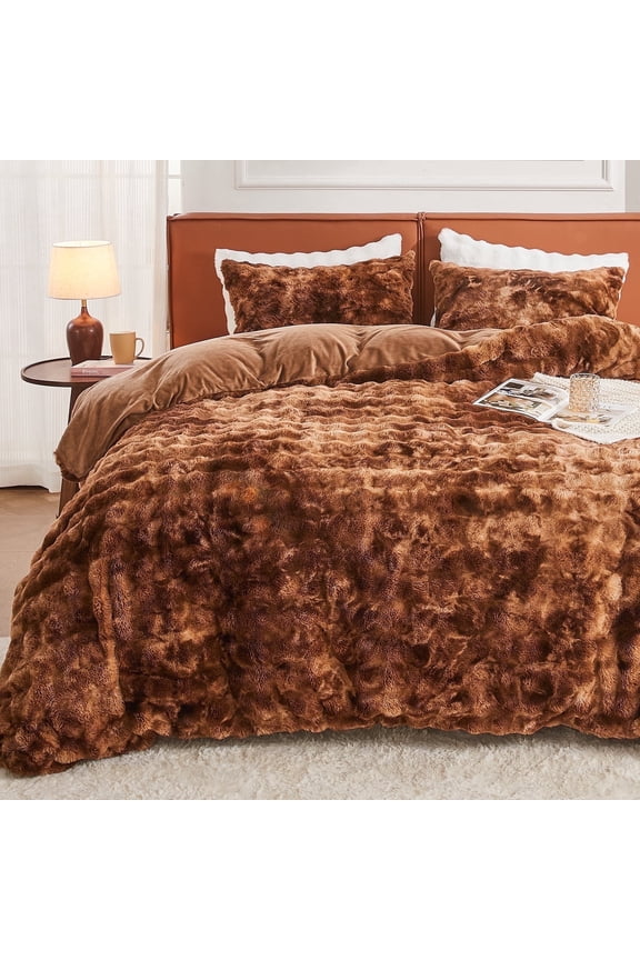 Faux Fur Duvet Cover Queen Size, 3 Pieces Ultra Soft Fluffy Comforter Cover, Cozy Warm for Winter, Luxury Shaggy Bubble Bedding Sets , 1 Duvet Cover & 2 Pillow Shams (Queen, Tie Dye Brown))