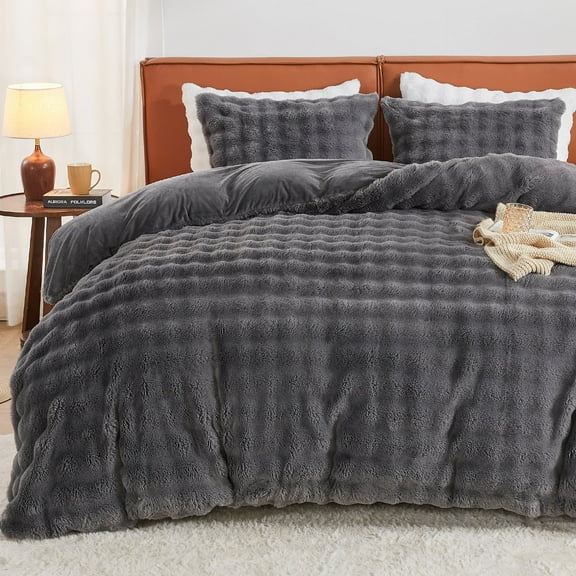 EMME Faux Fur Duvet Cover Twin Size, 2 Pieces Ultra Soft Fluffy Comforter Cover, Cozy Warm for Winter, Luxury Elegant Shaggy Bubble Design Bedding, 1 Duvet Cover & 1 Pillow Shams (Twin, Dark Grey)