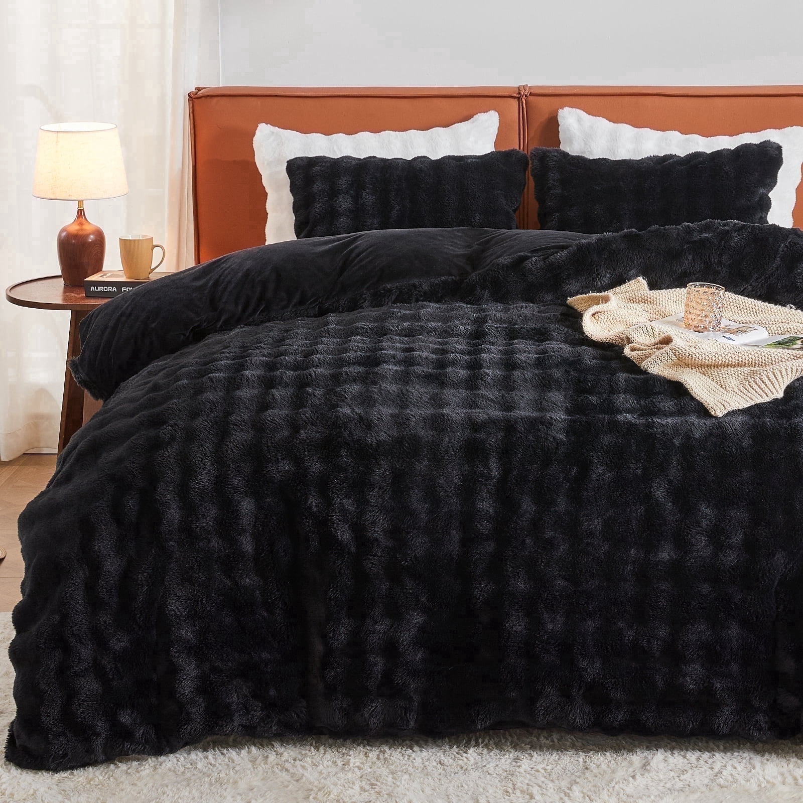 EMME Faux Fur Duvet Cover Twin-XL Size, 2 Pieces Ultra Soft Fluffy Comforter Cover, Cozy Warm for Winter, Luxury Shaggy Bubble Bedding Sets , 1 Duvet Cover & 1 Pillow Shams (Twin-XL,Black)