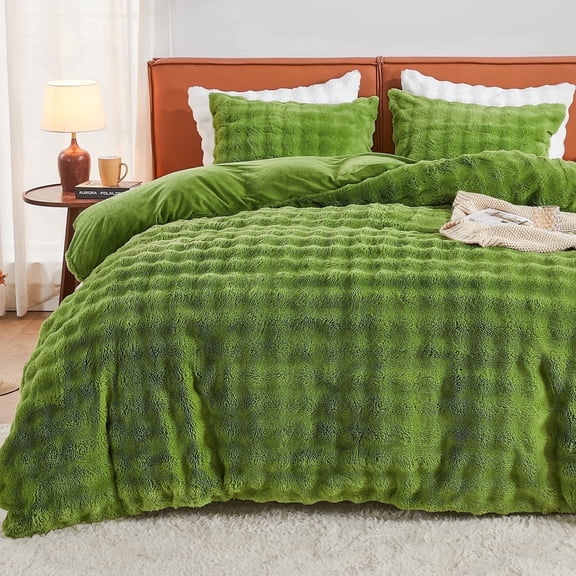 EMME Faux Fur Duvet Cover Twin-XL Size, 2 Pieces Ultra Soft Fluffy Comforter Cover, Cozy Warm for Winter, Luxury Shaggy Bubble Bedding Sets , 1 Duvet Cover & 1 Pillow Shams (Twin-XL,Green)