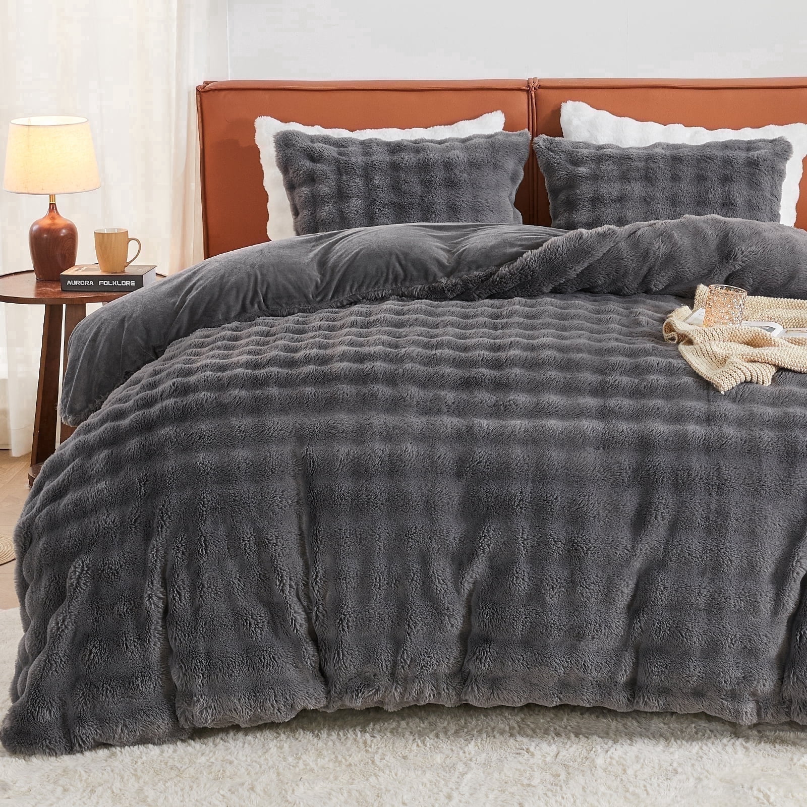EMME Faux Fur Duvet Cover Twin-XL Size, 2 Pieces Ultra Soft Fluffy Comforter Cover, Cozy Warm for Winter, Luxury Shaggy Bubble Bedding Sets , 1 Duvet Cover & 1 Pillow Shams (Twin-XL,Dark Gray)