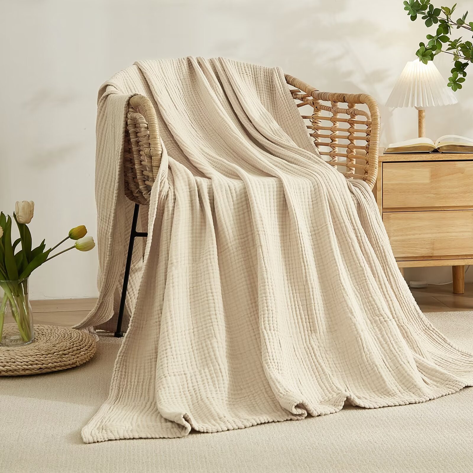 EMME Cotton Muslin Blankets 6Layer White Blankets for Bed Couch Adults and Baby Cotton Thermal