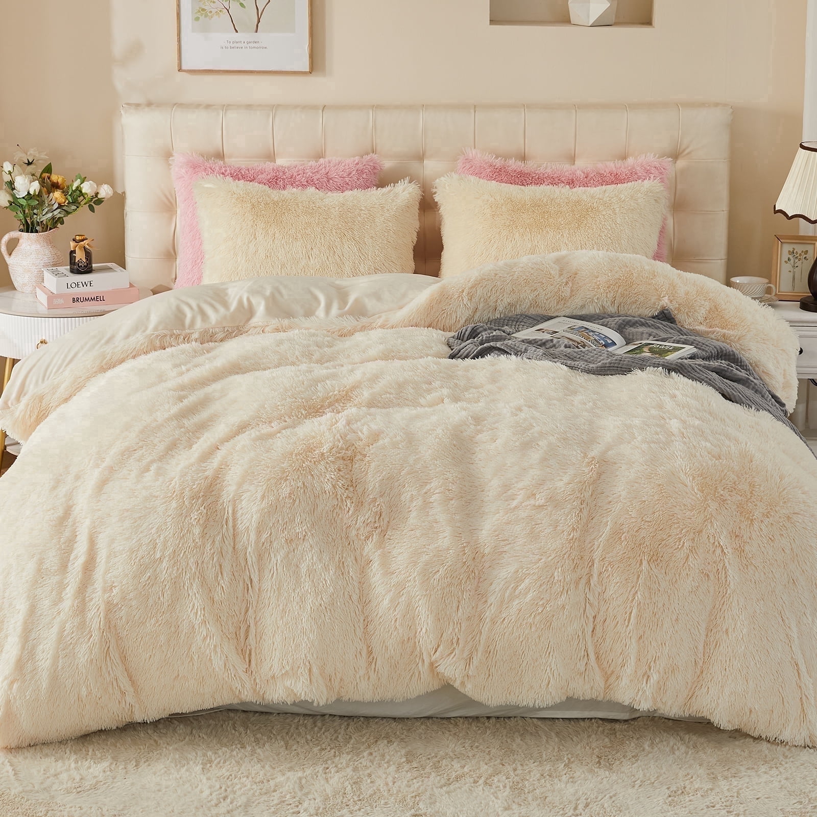 EMME Plush Fuzzy Twin Duvet Cover Set, Luxury Soft Faux Fur Velvet Fluffy Comforter Cover Set 2 Pieces Soft Warm and Durable, 1 Duvet Cover + 1 Pillow Case, Zipper Closure (Black,Twin)