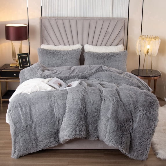 EMME 3pcs Plush Shaggy Duvet Cover Set Queen Size Fluffy Fuzzy Cover Set for Winter Bedding Set (Light Grey, Queen)