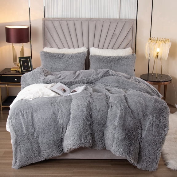 EMME Plush Shaggy Duvet Cover Set Queen Size 3 Pieces Fluffy Fuzzy Cover Set for Queen Bed Luxury Soft Bedding Duvet Covers (Light Grey, Queen)