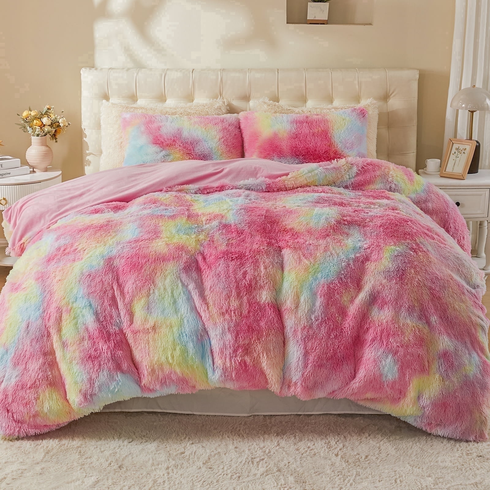 EMME 3pcs Plush Shaggy Duvet Cover Set Queen Luxury Fuzzy Comforter  Set, Soft Fluffy Winter Bedding Set (Rainbow, Queen )