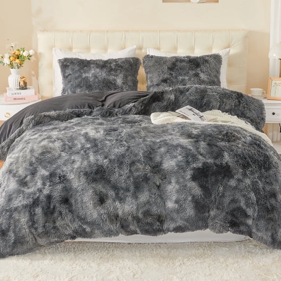 EMME Plush Shaggy Tie Dye Deep Gray Duvet Cover Set Twin Size Fluffy Fuzzy Comforter Cover Set 2 Piece Luxury Bedding Duvet Covers (Tie Dye Deep Gray, Twin)