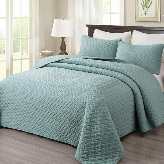 EMME Queen Quilt Set,Lightweight Bedspread Microfiber Reversible Queen Size Comforter Set Lake Blue Coverlet 3 Piece Full Bedding Set All Season(Basket Weave, 90"x90")