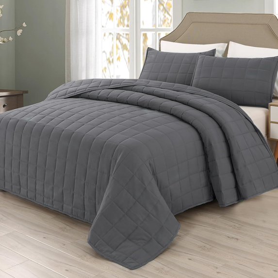 EMME Queen Quilt Set Pre-Washed Microfiber Bedspread Lightweight Soft Grey Bed Coverlet Reversible Full Size Comforter Set 3-Piece Bedding Set for All Season Square Pattern(1 Quilt, 2 Pillow Shams)