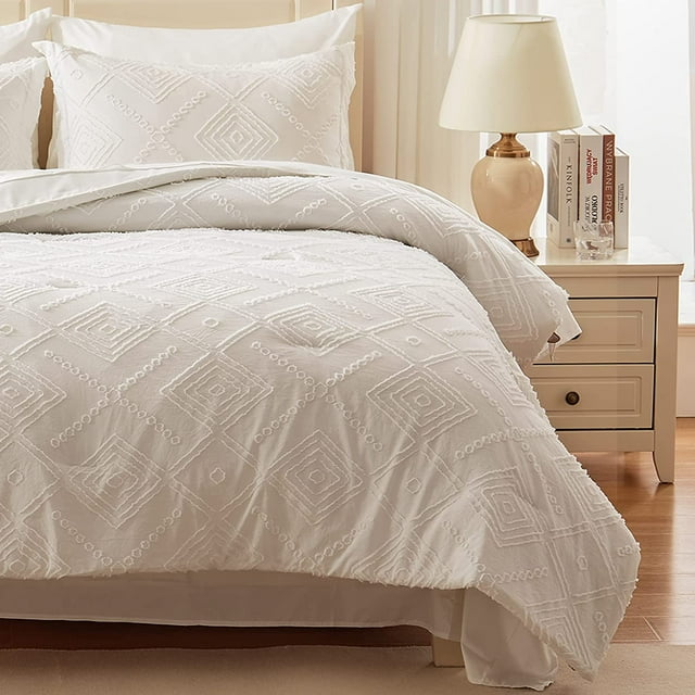 EMME White Boho Comforter Set Queen Bed in a Bag 7 Piece Tufted Bedding