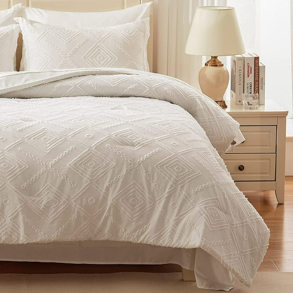 EMME Boho 7-Pieces Tufted White Comforter Bedding Sets, Queen