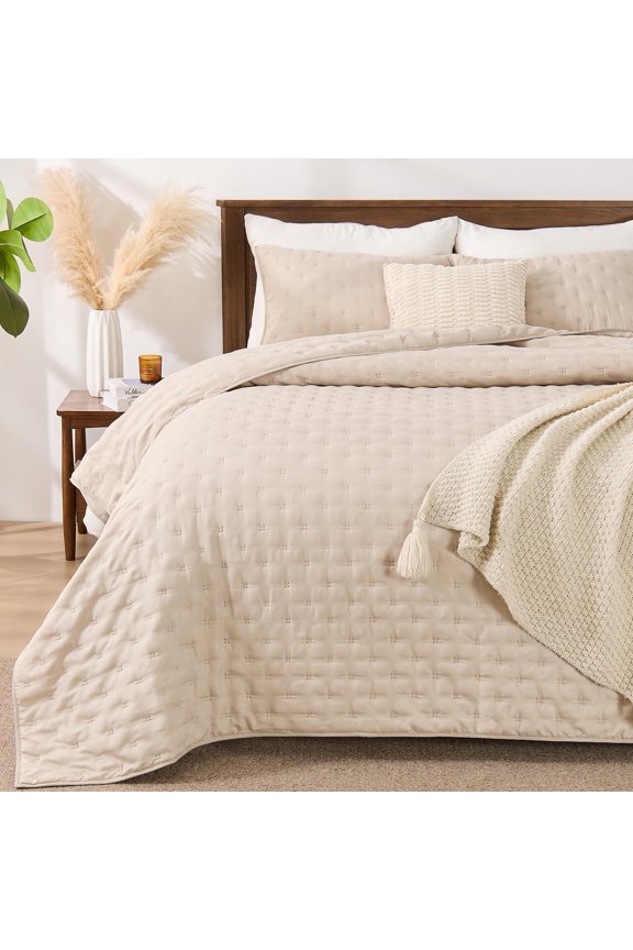 Quilts Twin Size Bedding Sets, Beige Bedspread Soft Lightweight Pre-Washed Quilt, 2 Piece Cozy Reversible Microfiber Ultrasonic Coverlet with Pillow Sham (Leaf Pattern,66"x90")