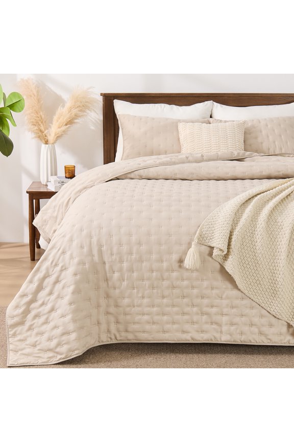 Quilts Twin Size Bedding Sets, Beige Bedspread Soft Lightweight Pre-Washed Quilt, 2 Piece Cozy Reversible Microfiber Ultrasonic Coverlet with Pillow Sham (Leaf Pattern,66"x90")