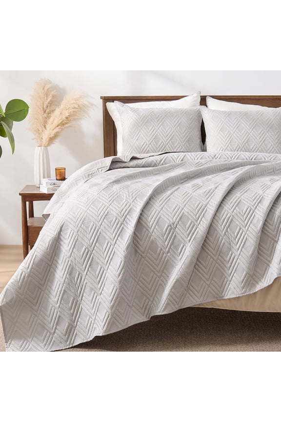Quilts Twin Size Bedding Sets, Light Grey Bedspread Soft Lightweight Pre-Washed Quilt, 2 Piece Cozy Reversible Microfiber Ultrasonic Coverlet with Pillow Sham (Diamond Pattern,66"x90")